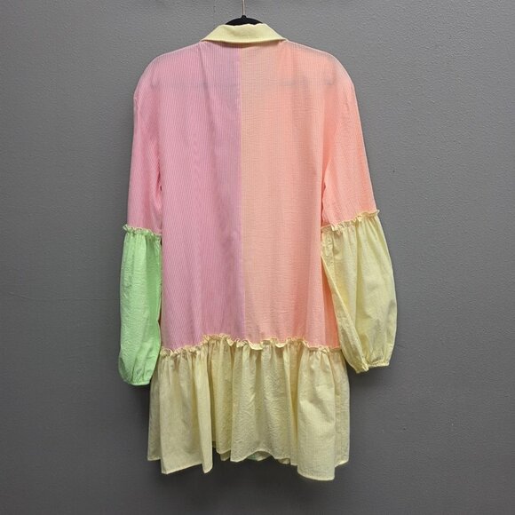 Davi Dani Dress Womens 1XL Pastel Stripe Colorblock Ruffle Hem Button Front - Picture 4 of 10